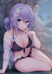 Rule 34 | 1girl, bad id, bad twitter id, bikini, black bikini, blush, breasts, cleavage, copyright request, hair ornament, highres, large breasts, long hair, looking at viewer, momoirone, navel, open mouth, purple eyes, purple hair, sitting, solo, swimsuit