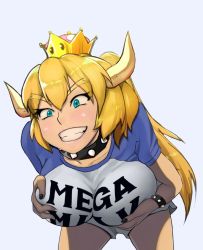 Rule 34 | 1girl, bent over, blonde hair, blue eyes, bowsette, grabbing another&#039;s breast, breasts, casual, clothes writing, cowboy shot, crown, derivative work, fangs, female focus, grabbing, horns, large breasts, mario (series), mega milk, meme, meme attire, new super mario bros. u deluxe, nintendo, parody, ponytail, sharp teeth, shirt, short sleeves, shorts, smile, solo, super crown, t-shirt, teeth