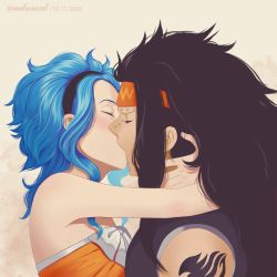 Rule 34 | 1boy, 1girl, absurdres, annlu vazzel, arms around neck, artist name, bare shoulders, black hair, black hairband, blue hair, bow, closed eyes, commentary, couple, dated, english commentary, fairy tail, from side, gajeel redfox, hairband, headband, hetero, highres, hug, kiss, levy mcgarden, long hair, nose piercing, orange hairband, piercing, shoulder tattoo, tattoo, twitter username, upper body, white bow