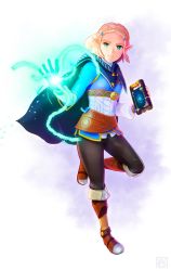 Rule 34 | 1girl, artist request, belt, blonde hair, blue shirt, book, boots, expressionless, full body, green eyes, highres, looking at viewer, magic, nintendo, pants, pointy ears, princess zelda, shirt, short hair, simple background, solo, the legend of zelda, the legend of zelda: breath of the wild, the legend of zelda: tears of the kingdom, white background