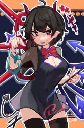 Rule 34 | +++, 1girl, ahoge, asymmetrical wings, bat (animal), black dress, black hair, blue wings, blush, bow, bowtie, breasts, cleavage, cleavage cutout, clothing cutout, commentary request, covered navel, cowboy shot, demon horns, demon tail, dress, fake horns, fake tail, fangs, halloween, highres, horns, houjuu nue, jack-o&#039;-lantern, large breasts, looking at viewer, open mouth, pointy ears, polearm, red bow, red bowtie, red eyes, red wings, see-through, see-through sleeves, short dress, short hair, short sleeves, skindentation, smile, snake, solo, tail, thighhighs, tomoe (symbol), touhou, trident, weapon, wings, wristband, zakozako y, zettai ryouiki