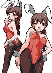 Rule 34 | 10s, 1girl, aegis (nerocc), animal ears, ass, black pantyhose, braid, brown eyes, brown hair, closed eyes, collar, commentary, detached collar, fake animal ears, fake tail, from behind, girls und panzer, hair ornament, hairclip, hand on own hip, highleg, highleg leotard, highres, leotard, long hair, looking at viewer, looking back, multiple views, open mouth, pantyhose, parted lips, playboy bunny, rabbit ears, rabbit tail, raised eyebrow, red leotard, rukuriri (girls und panzer), simple background, single braid, smile, standing, tail, white collar, wrist cuffs