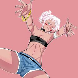Rule 34 | 1girl, androgynous, armpits, artist name, bandaged arm, bandages, bangle, bare shoulders, belt, belt buckle, black choker, blush, bracelet, breasts, buckle, choker, collarbone, denim, denim shorts, facial mark, feet out of frame, female focus, flat chest, groin, hair bun, highres, jewelry, linea alba, lips, looking at viewer, midriff, navel, nipple slip, nipples, original, parted lips, pink background, reaching, reaching towards viewer, ribs, short hair, short shorts, shorts, sidelocks, simple background, small breasts, smile, solo, spread legs, strapless, taku34128, teeth, thighs, tomboy, tube top, twitter username, white hair