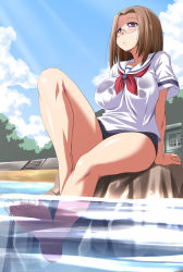 Rule 34 | 00s, 1girl, breasts, brown hair, female focus, full body, glasses, hip focus, kamichu!, large breasts, nature, outdoors, plant, purple eyes, school uniform, shijou mitsue, short hair, sky, solo, submerged, tonpuu, water, wet, wide hips