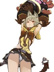Rule 34 | 10s, 1girl, animal ears, arms up, blush, braid, claw (weapon), claws, collar, erune, granblue fantasy, long hair, looking at viewer, miniskirt, panties, red eyes, robo8, sen (granblue fantasy), short hair, silver hair, simple background, skirt, solo, underwear, upskirt, weapon, white background, white panties