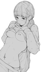 Rule 34 | 1girl, blush, bra, bra lift, clothes lift, clothes pull, cross, earrings, greyscale, jewelry, lifted by self, monochrome, navel, navel piercing, nipple bar, nipple piercing, original, panties, piercing, shirt lift, simple background, skirt, skirt pull, solo, tsukino wagamo, twintails, underwear