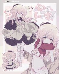 Rule 34 | 1girl, bandaged leg, bandages, chibi, color guide, covering own mouth, dress, frilled dress, frilled sleeves, frills, highres, huyucai, jitome, long hair, original, pink hair, rabbit, red scarf, removing jacket, scarf, short ponytail, sidelocks, solo, standing, sweater, underwear, yellow eyes