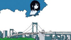 Rule 34 | 1girl, ashuu (4syup), black eyes, black hair, blue shirt, blue sky, bridge, building, cloud, cloudy sky, commentary request, day, empty eyes, expressionless, foliage, from behind, giant, giantess, highres, jitome, keihou no atta hi (neutrino), long hair, looking at viewer, looking back, outdoors, sailor collar, shirt, sky, skyline, solo, white sailor collar, wide shot