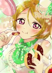 Rule 34 | 1girl, 2022, artist name, artist request, bare shoulders, belt, blush, breasts, brown hair, close-up, clothing cutout, dress, eating, female focus, food, green wrist cuffs, hair between eyes, hat, highres, holding, holding food, koizumi hanayo, looking at viewer, love live!, love live! school idol festival, love live! school idol project, medium breasts, mini hat, nail, nail polish, parted lips, plaid, plaid dress, pleated, pleated dress, puffy short sleeves, puffy sleeves, purple eyes, short hair, short sleeves, shoulder cutout, smile, solo, upper body, white belt, white dress, white hat, wing collar, wrist cuffs