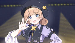 Rule 34 | 1girl, alternate hairstyle, beret, black bow, black bowtie, black hat, blue eyes, blurry, blurry background, blush, bow, bowtie, butterfly brooch, center frills, collared shirt, commentary request, dancing, film grain, frilled sleeves, frills, hand on own hip, hand up, hat, highres, idolmaster, idolmaster million live!, juliet sleeves, light brown hair, light particles, long sleeves, looking at viewer, low twintails, meeeeeeco359, official alternate costume, open mouth, proud of stage (idolmaster), puffy sleeves, purple shirt, shirt, short twintails, sleeve garter, smile, snowflake hat ornament, solo, stage, suou momoko, suspenders, sweat, twintails, upper body, wide sleeves, ||/