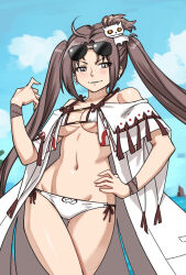 Rule 34 | 1girl, bare shoulders, bikini, blue sky, blush, breasts, brown eyes, brown hair, cleavage, collarbone, earrings, eyewear on head, fate/grand order, fate (series), hair ornament, highres, jewelry, long hair, looking at viewer, medium breasts, multiple earrings, navel, open clothes, robe, shinsaku (stan-art), sky, solo, sunglasses, swimsuit, thighs, twintails, very long hair, white bikini, yu mei-ren (fate), yu mei-ren (swimsuit lancer) (fate)