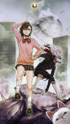 1boy 1girl alien alternate_form arm_up ayase_momo ball barefoot black_choker black_jacket bow bowtie brown_eyes brown_footwear brown_hair building buttons cat choker collared_shirt commentary_request crossed_bangs dandadan earrings eto_384 facial_mark full_body gakuran ghost glasses hair_behind_ear hair_between_eyes hand_on_own_hip highres index_finger_raised jacket jewelry long_sleeves looking_at_viewer loose_socks mask miniskirt mouth_mask outdoors pants pants_rolled_up partial_commentary pink_sweater pleated_skirt pointing pointing_up red_bow red_bowtie rock round_eyewear school_uniform serpo_(dandadan) shirt shoes short_hair skirt socks standing sweater takakura_ken_(dandadan) transformation turbo_granny ufo white_hair white_shirt white_socks