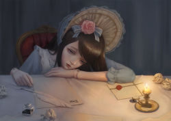 Rule 34 | 1girl, bibido, black hair, blue eyes, bonnet, candle, crumpled paper, doll joints, flower, hair flower, hair ornament, hair ribbon, highres, indoors, ink, joints, letter, long hair, looking at viewer, original, quill, ribbon, sitting, table, wax seal