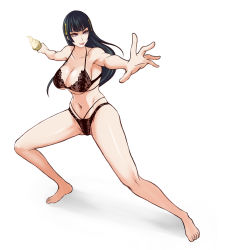 Rule 34 | &gt;:), 1girl, armpits, bad id, bad pixiv id, black bra, black hair, black panties, bra, breasts, cleavage, closed mouth, collarbone, dead or alive, dead or alive 5, fighting stance, food, foreshortening, full body, hair ornament, halterneck, halterneck, hime cut, ice cream, large breasts, long hair, looking at viewer, mole, mole under mouth, navel, nyotengu, panties, purple eyes, shibusun, smile, solo, standing, stomach, tecmo, underboob, underwear, underwear only, v-shaped eyebrows