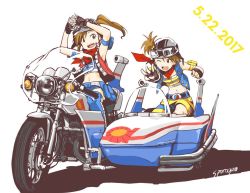 Rule 34 | 2girls, armpit peek, arms up, artist name, brown eyes, brown hair, clenched hand, commentary, dated, fingerless gloves, flat color, futami ami, futami mami, gloves, goggles, goggles on headwear, helmet, idolmaster, idolmaster (classic), midriff, motor vehicle, motorcycle, motorcycle helmet, multiple girls, navel, one eye closed, shadow, short hair, siblings, side ponytail, sidecar, sisters, sleeveless, sleeveless jacket, smile, sporogum, twins, vehicle, white background