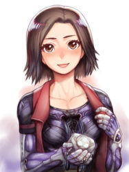 Rule 34 | 1girl, alita, alita: battle angel, bad id, bad pixiv id, battle angel alita, blush, brown eyes, brown hair, commentary request, cyborg, folks (nabokof), looking at viewer, open clothes, open mouth, parted bangs, simple background, smile, solo