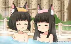 Rule 34 | 2girls, ^ ^, animal ear fluff, animal ears, azur lane, bamboo fence, black hair, blush, closed eyes, closed mouth, collarbone, commentary request, fence, fox ears, long hair, mitya, multiple girls, mutsu (azur lane), nagato (azur lane), nude, open mouth, partially submerged, short hair, smile, steam, towel, towel on head, twitter username, upper body, water