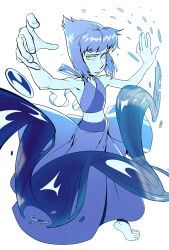 Rule 34 | 1girl, bags under eyes, barefoot, blue dress, blue eyes, blue hair, blue sclera, blue skin, blue tank top, colored sclera, colored skin, dress, highres, lapis lazuli (steven universe), looking at viewer, midriff, outstretched arms, outstretched hand, short hair, simple background, solo, solo focus, steven universe, svacob, tank top, water, water drop, white background