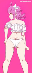 Rule 34 | 1girl, absurdres, ahoge, ass, bikini, blunt bangs, blunt ends, border, box wonderland, butt crack, clenched hand, commentary, detached sleeves, expressionless, frilled bikini top, from behind, hairband, hand on own hip, highres, legs, looking back, love live!, love live! nijigasaki high school idol club, parted lips, pink background, pink hair, puffy detached sleeves, puffy sleeves, short hair, sidelocks, sideways glance, solo, standing, swimsuit, tennoji rina, thighs, twitter username, white bikini, white hairband, yellow eyes
