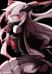 Rule 34 | 10s, 1girl, abyssal ship, anchorage oni, bad id, bad pixiv id, bare shoulders, black dress, colored skin, dress, elbow gloves, gloves, hair ornament, highres, kantai collection, long hair, looking at viewer, orqz, red eyes, solo, thighhighs, twitter username, very long hair, white hair, white skin, zettai ryouiki