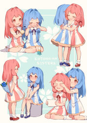 Rule 34 | 2girls, a.i. voice, aged down, alternate costume, arms behind back, behind another, blue background, blue dress, blue flower, blue hair, blush, border, bouquet, braid, character name, collared dress, comforting, commentary request, covering another&#039;s eyes, crying, dress, floral background, flower, frown, giving, hair intakes, highres, holding, holding behind back, holding bouquet, holding ice cream cone, holding tablet pc, hug, ice cream cone, kneeling, kotonoha akane, kotonoha aoi, long hair, low-tied sidelocks, mary janes, multiple girls, mutual hug, outside border, pink dress, pink hair, red eyes, shoes, siblings, side braid, sidelocks, sisters, sitting, smile, socks, standing, striped clothes, striped dress, tablet pc, tears, vertical-striped clothes, vertical-striped dress, voiceroid, wavy mouth, white border, white socks, wiping tears, yamamomo (plank)