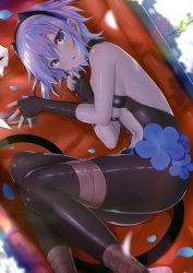Rule 34 | 1girl, absurdres, bare shoulders, black gloves, black hairband, blush, breasts, dagger, dark-skinned female, dark skin, fate/prototype, fate/prototype: fragments of blue and silver, fate (series), fingerless gloves, fingernails, gloves, hairband, hassan of serenity (fate), highres, knife, leggings, leotard, looking at viewer, lying, medium breasts, navel, on back, open mouth, petals, purple eyes, purple hair, scan, shiny clothes, shiny skin, short hair, simple background, skin tight, solo, weapon, yano mitsuki (nanairo)