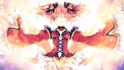 Rule 34 | 1girl, alyn (fairy fencer f), bug, butterfly, collar, cross, detached sleeves, dress, closed eyes, fairy fencer f, frills, game cg, glowing, hair ornament, highres, bug, light particles, official art, open mouth, orange hair, sleeves past wrists, solo, tsunako, twintails, wide sleeves