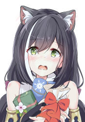 Rule 34 | 1girl, absurdres, animal ear fluff, animal ears, bare shoulders, black hair, blush, bow, commentary request, detached sleeves, ear blush, gift, green eyes, hair bow, hands up, highres, holding, holding gift, holding sack, karyl (princess connect!), long hair, long sleeves, looking at viewer, nose blush, open mouth, princess connect!, purple bow, red bow, sack, shirt, simple background, solo, twintails, white background, white hair, white shirt, yoru (user vewa8437)