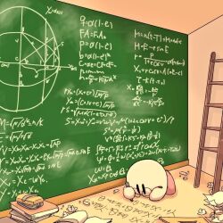 Rule 34 | bespectacled, black eyes, board eraser, book, book stack, chalk, chalkboard, commentary request, crumpled paper, cup, equation, glasses, holding, holding pencil, indoors, kirby, kirby (series), ladder, lying, math, mug, nintendo, no humans, on stomach, open book, paper, pencil, round eyewear, satojoyu, set square, solid oval eyes, solo, writing