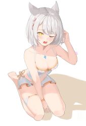 Rule 34 | 1girl, ;o, animal ears, bare shoulders, barefoot, bikini, bikini skirt, blush, breasts, cat ears, cat girl, chest jewel, cleavage, collarbone, commentary, english commentary, frilled bikini, frills, grey hair, highres, looking at viewer, mio (xenoblade), official alternate costume, one eye closed, open mouth, revvie, short hair, small breasts, soles, solo, swimsuit, thighs, wince, xenoblade chronicles (series), xenoblade chronicles 3, yellow eyes