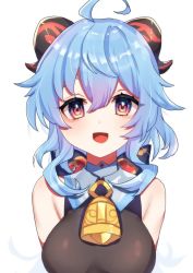 Rule 34 | ahoge, bell, blue hair, blush, bow, bowtie, breasts, commentary request, ganyu (genshin impact), genshin impact, horns, large breasts, looking at viewer, makalo ni hakase, neck bell, open mouth, purple eyes, sidelocks, sleeveless, smile, solo, white background