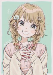 Rule 34 | 1girl, absurdres, aqua nails, blush stickers, border, bow, bowtie, braid, brown hair, cardigan, collarbone, collared shirt, ear piercing, earrings, fingernails, flower, grey eyes, grin, hair bow, hair ornament, head tilt, highres, jewelry, long sleeves, looking at viewer, mizutamako, nail polish, off shoulder, original, own hands together, piercing, pink shirt, red bow, shirt, simple background, sleeves past wrists, smile, solo, star (symbol), star hair ornament, teeth, twin braids, upper body, white border