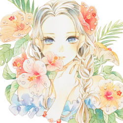 Rule 34 | 1girl, blue eyes, blush, braid, braided ponytail, flower, hair over shoulder, hand up, hibiscus, highres, leaf, long hair, looking at viewer, orange flower, original, painting (medium), parted lips, pink flower, plant, red flower, smile, solo, traditional media, upper body, watercolor (medium), yufushi