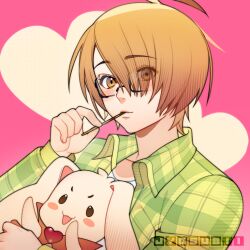 Rule 34 | 1boy, 700hash, black-framed eyewear, blonde hair, food, food in mouth, green shirt, heart, highres, holding, holding food, holding pocky, holding stuffed toy, looking at viewer, love stage!!, male focus, orange eyes, pink background, plaid, plaid shirt, pocky, pocky in mouth, sena izumi (love stage!!), shirt, short hair, stuffed animal, stuffed rabbit, stuffed toy, upper body