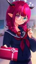 Rule 34 | blue eyes, blue sailor collar, blue serafuku, blue shirt, blue skirt, box, box of chocolates, braid, cross-shaped pupils, demon horns, flower, glasses, hair flower, hair ornament, hair over shoulder, halo, heterochromia, highres, hololive, hololive english, horns, irys (gaming casual) (hololive), irys (hololive), long hair, long sleeves, looking at viewer, nail polish, neckerchief, official alternate costume, pink nails, pink ribbon, pointy ears, purple eyes, red hair, red neckerchief, ribbon, round eyewear, sailor collar, school uniform, serafuku, shirt, skirt, symbol-shaped pupils, twin braids, uni (maru231), valentine, virtual youtuber