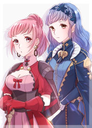 Rule 34 | 2girls, aged up, blue hair, breasts, cleavage, commentary request, earrings, female focus, fire emblem, fire emblem: three houses, fire emblem warriors: three hopes, highres, hilda valentine goneril, jewelry, long hair, marianne von edmund, matching hair/eyes, multiple girls, nintendo, official alternate costume, pink eyes, pink hair, short hair, twitter username, yutohiroya