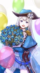 Rule 34 | 1girl, :d, balloon, ban hada, ban hada (1st costume), blue capelet, blue flower, blue hat, blue jacket, blue skirt, bouquet, capelet, flower, hat, head tilt, highres, holding, holding bouquet, jacket, korean commentary, long hair, looking at viewer, nijisanji, nijisanji kr, open mouth, pirate, pirate hat, rockoon, silver hair, skirt, smile, solo, virtual youtuber