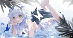Rule 34 | 1girl, absurdres, arknights, bare shoulders, barefoot, blue flower, braid, bug, butterfly, casual one-piece swimsuit, chinese commentary, closed mouth, commentary, crocodilian tail, crossed ankles, feet up, flower, hair flower, hair ornament, hand on own cheek, hand on own face, highres, insect, long hair, looking at viewer, lying, mofa shaonu luo, official alternate costume, on stomach, one-piece swimsuit, petals, pointy ears, scales, seashell, shallow water, shell, side braid, silver hair, solo, swimsuit, tail, thigh strap, tomimi (arknights), tomimi (silent night) (arknights), water, weibo watermark, white flower, white one-piece swimsuit, wrist cuffs, yellow eyes