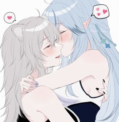 Rule 34 | 2girls, ahoge, animal ears, arm around back, arms around neck, bare shoulders, black nails, blue hair, blue nails, braid, breasts, commentary, elf, closed eyes, facing another, fang, from side, hair ornament, heart, highres, hololive, hug, large breasts, lion ears, multicolored hair, multiple girls, nail polish, parted lips, pointy ears, shirt, shishiro botan, silver hair, sleeveless, sleeveless shirt, spoken heart, streaked hair, sui (camellia), symbol-only commentary, upper body, virtual youtuber, yukihana lamy, yuri