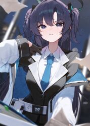 Rule 34 | 1girl, absurdres, black gloves, blazer, blue archive, blue necktie, closed mouth, collared shirt, commentary, dutch angle, gloves, halo, highres, huhi (huhi 1211), jacket, long hair, long sleeves, looking at viewer, necktie, off shoulder, open clothes, open jacket, purple eyes, purple hair, shirt, solo, two side up, white jacket, white shirt, yuuka (blue archive)