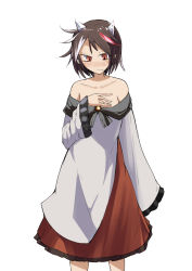 Rule 34 | 1girl, arm at side, bare shoulders, black hair, blush, breasts, brooch, cleavage, collarbone, cosplay, daitoutei, dress, hand on own chest, horns, imaizumi kagerou, imaizumi kagerou (cosplay), jewelry, kijin seija, long sleeves, medium breasts, messy hair, multicolored hair, nose blush, off shoulder, orange eyes, oversized clothes, red hair, red skirt, short hair, simple background, skirt, slit pupils, solo, streaked hair, touhou, white background, white dress, white hair, wide sleeves