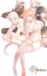 Rule 34 | 10s, 3boys, 3girls, :d, :p, :|, ^ ^, absurdres, animal ears, aqua eyes, arm at side, au ra, bare arms, bare legs, bare shoulders, black bra, black hair, blue eyes, blush, bra, breasts, brown hair, cat ears, cat tail, child, cleavage, closed eyes, closed mouth, collarbone, copyright name, dark skin, earrings, eyebrows, facial mark, fang, final fantasy, final fantasy xiv, finger in own mouth, flower, forehead jewel, fur, gradient hair, haekwon1023, hair between eyes, hair over shoulder, head tilt, heterochromia, highres, hyur, jewelry, lalafell, leaning back, long hair, long sleeves, looking at viewer, low twintails, making faces, medium breasts, miqo&#039;te, mouth pull, multi-strapped panties, multicolored hair, multiple boys, multiple girls, navel, no shoes, open mouth, panties, parted lips, pink legwear, pointy ears, red eyes, ring, scar, short hair, side-tie panties, simple background, sitting, slit pupils, smile, squatting, stomach, strapless, strapless bra, streaked hair, swept bangs, tail, teeth, thighhighs, tongue, tongue out, topless male, twintails, underwear, underwear only, warrior of light (ff14), whisker markings, white background, white hair, white panties, yellow eyes