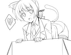 Rule 34 | 1girl, animal ears, box, cardboard box, cat ears, cat tail, greyscale, heart, highres, in box, in container, lineart, lynette bishop, monochrome, necktie, no pants, panties, piiko (aa doushiyou), smile, solo, spoken heart, strike witches, tail, thighhighs, underwear, world witches series