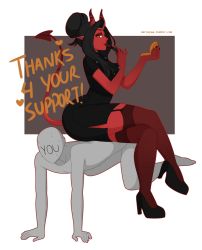 Rule 34 | all fours, anonymous (4chan), colored skin, demon girl, demon tail, femdom, garter straps, grey skin, high heels, highres, horns, human chair, human furniture, lipstick, makeup, meruccubus (merunyaa), merunyaa, aged up, original, sitting, sitting on person, tail, thighhighs