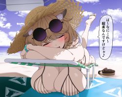 Rule 34 | 1girl, animal ear fluff, animal ears, arknights, barefoot, beach, beach chair, beach towel, beach umbrella, bikini, blush, breast rest, breasts, brown hair, cleavage, closed eyes, cloud, day, eyewear on head, fang, feet, foreshortening, hair ornament, hairclip, hanging breasts, hat, highres, huge breasts, leg up, lying, makino, official alternate costume, on stomach, open mouth, outdoors, purple-tinted eyewear, round eyewear, skin fang, sky, soles, solo, speech bubble, straw hat, striped bikini, striped clothes, sunglasses, sweat, swimsuit, tinted eyewear, towel, translated, umbrella, utage (arknights), utage (summer flowers) (arknights), vertical-striped bikini, vertical-striped clothes