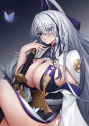 Rule 34 | 1girl, absurdres, azur lane, blush, breasts, bug, butterfly, eyes visible through hair, hair over one eye, highres, insect, japanese clothes, katana, kimono, knees up, large breasts, long hair, looking at viewer, multicolored hair, parted lips, purple eyes, purple hair, revealing clothes, side slit, solo, streaked hair, sword, ueyama 0clock, unzen (azur lane), weapon, white hair, white kimono