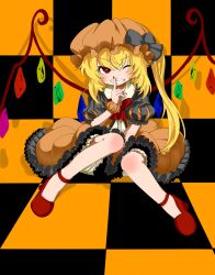 Rule 34 | 1girl, alternate color, black background, black bow, blonde hair, bloomers, blush, bow, bowtie, bright pupils, buttons, checkered background, commentary request, crystal, dot nose, finger to mouth, flandre scarlet, frilled shirt collar, frilled skirt, frilled sleeves, frills, full body, grin, hair between eyes, halloween, hat, hat bow, highres, index finger raised, iwaserie, long hair, looking at viewer, mob cap, one eye closed, one side up, orange background, orange hat, orange skirt, puffy short sleeves, puffy sleeves, red bow, red bowtie, red eyes, red footwear, shoes, short sleeves, sitting, skirt, skirt set, smile, solo, touhou, underwear, v-shaped eyebrows, white bloomers, white pupils, wings