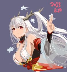 Rule 34 | 1girl, 2023, azur lane, bare shoulders, breasts, center opening, chushou wang, dated, detached sleeves, dragon horns, from side, grey background, hair on horn, highres, horns, light smile, long hair, long sleeves, medium breasts, red eyes, revealing clothes, see-through, shimanto (azur lane), simple background, solo, very long hair, white hair