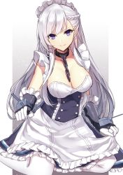 Rule 34 | 1girl, aosaki yukina, apron, apron lift, azur lane, belfast (azur lane), blue dress, blue eyes, braid, breasts, chain, cleavage, clothes lift, collar, collarbone, commentary request, dress, elbow gloves, french braid, frills, gloves, highres, kneeling, large breasts, long hair, looking at viewer, maid headdress, silver hair, simple background, smile, solo, swept bangs, waist apron, white background, white legwear