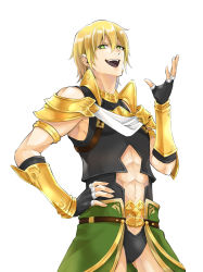 Rule 34 | 1boy, abs, abs cutout, absurdres, armor, bare shoulders, bishounen, black hair, blonde hair, bracer, cowboy shot, crotchless, crotchless pants, earrings, fate/grand order, fate (series), fingerless gloves, gloves, gold earrings, green eyes, hair between eyes, hand on own hip, hand up, highres, jason (fate), jewelry, looking at viewer, male focus, navel, okuno naru (exoprsa), pants, pauldrons, short hair, shoulder armor, simple background, smile, solo